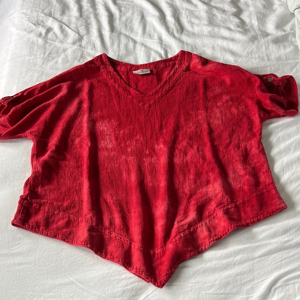 Cottonways Rich Red V-Neck A-Line Short Sleeve Coastal Top